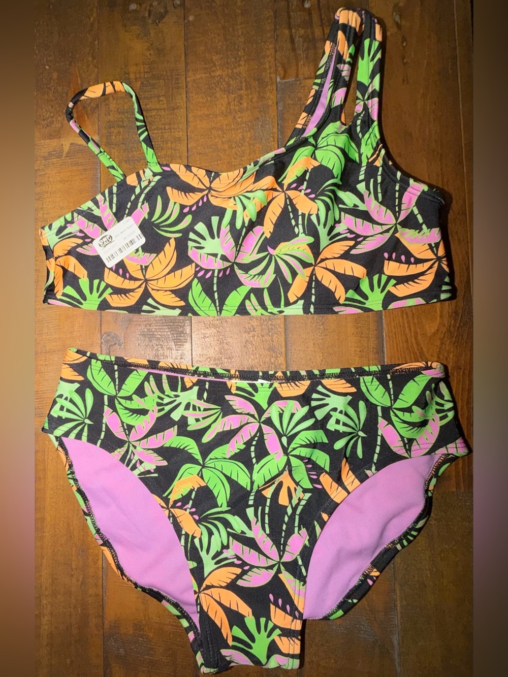 Target Girls' Black Tropical Leaf Two-Piece Bikini with Green, Orange & Pink